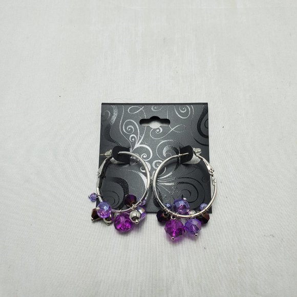 crystal glass beaded cluster hoop earring Amethyst & silver - Picture 3 of 4